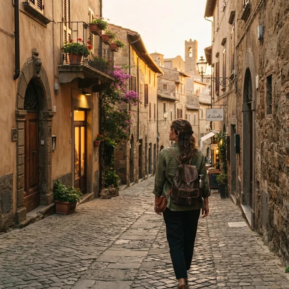 A traveler exploring a historic street on foot